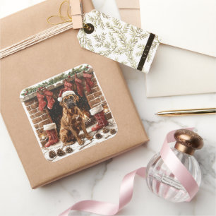Adesivo Quadrado Boxer de Chapéu de Papai Noel junto à Lareira 