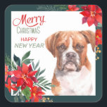 Adesivo Quadrado Boxer Dog Poinsettia Border Christmas<br><div class="desc">Neste adesivo, um belo cão Boxer é enquadrado com buquês de poinsettia vermelha de aquarela de Natal. Uma borda externa de verde azul correspondente rodeia o branco interior, e mais imagens de poinsettia estão no canto superior direito. O texto vermelho e lacrimogêneo diz "FELIZ ANO NOVO NATAL MERRY". Bonito para...</div>