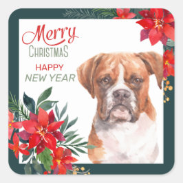 Adesivo Quadrado Boxer Dog Poinsettia Border Christmas