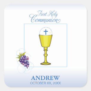 Adesivo Quadrado Boy First Communion, Chalice com Host e Uvas