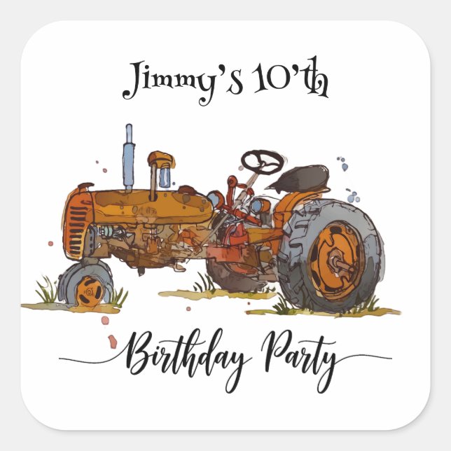 Adesivo Quadrado Boys birthday party with antique tractor design (Frente)