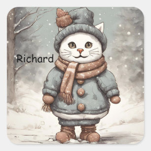 Adesivo Quadrado Bravo Natal Gato Snowman Watercolor Whimsical