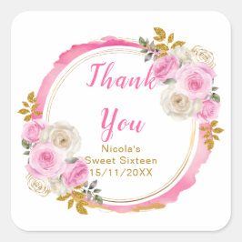 Adesivo Quadrado Bright Pink and Gold Elegant Flowers Sweet Sixteen