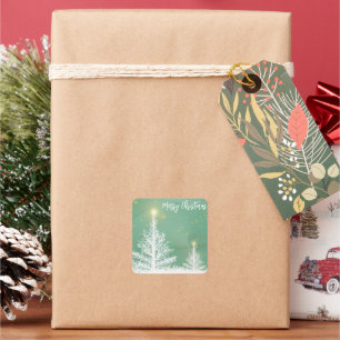 Adesivo Quadrado Brilhando fundo azul com árvore de Natal