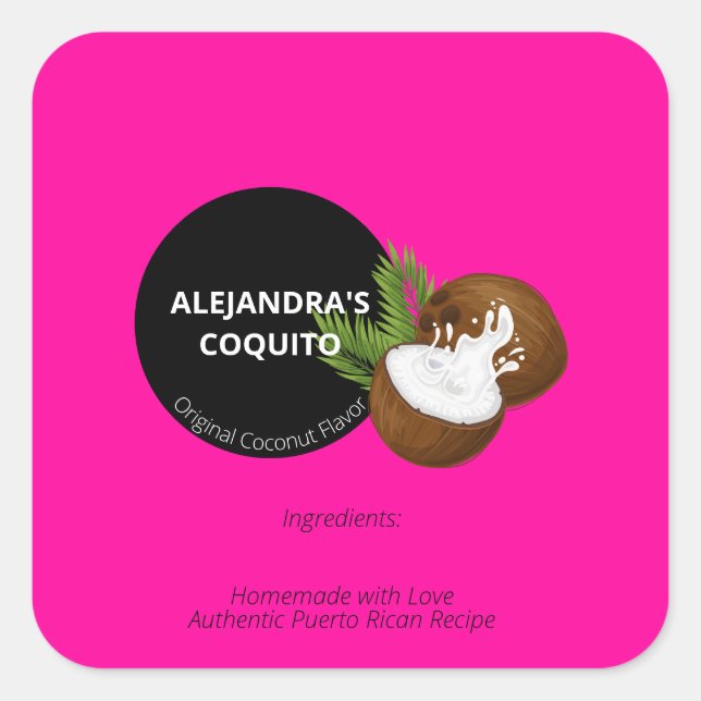 Adesivo Quadrado Brilhante Cor-de-Rosa Vibrante Garrafa de Coquito  (Frente)