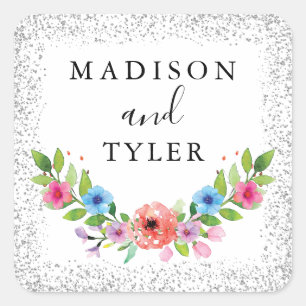 Adesivo Quadrado Brilhante de Prata Espetas de Aquarela