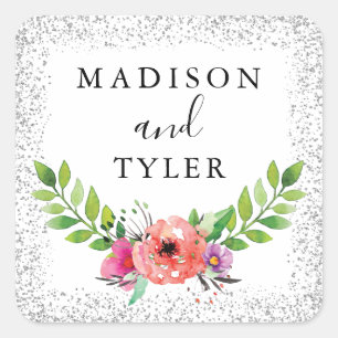 Adesivo Quadrado Brilhante de Prata Espetas de Aquarela