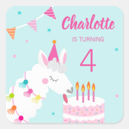 Adesivo Quadrado Brincadeira de Llama 4º Aniversário Aqua