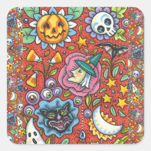 ADESIVO QUADRADO BRINCADEIRA, GATO, FANTASMA, COLORIDA HALLOWEEN FO