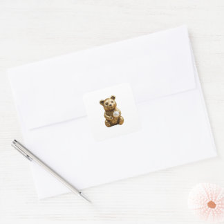 Adesivo Quadrado Brinco Urso Dourado com Pérola Branca nas Mãos