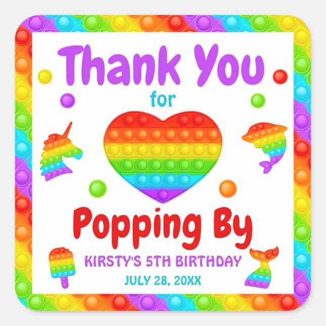 Adesivo Quadrado Brinquedo Fidget Pop It Arco-íris para Festa de An (Frente)