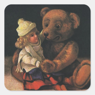 Adesivo Quadrado Brinquedos do natal vintage, boneca e um urso de