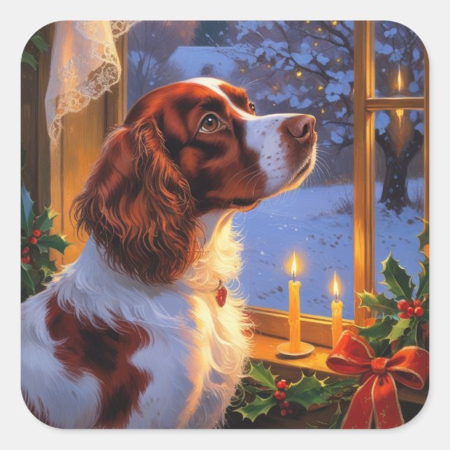 Adesivo Quadrado Brittany Spaniel com Luzes de Natal Feriado  (Frente)
