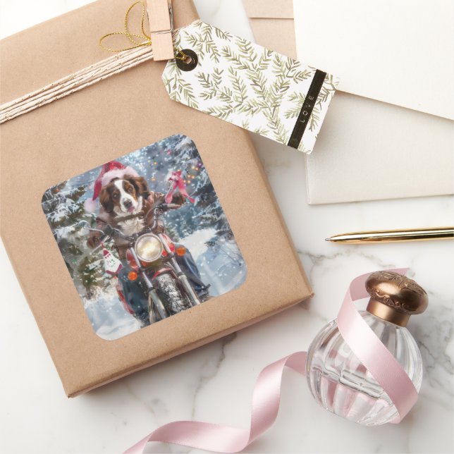 Adesivo Quadrado Brittany Spaniel Dog Andando na Moto Natal (Presentear)