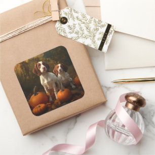 Adesivo Quadrado Brittany Spaniel Puppy Autumn Delight Pumpkin