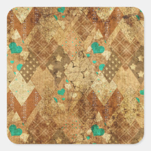 Adesivo Quadrado Brown Grunge Quilt Stars Hearts