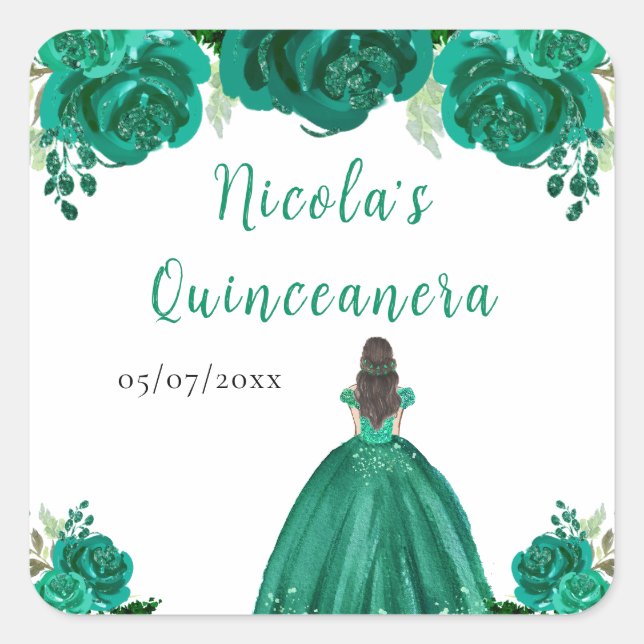 Adesivo Quadrado Brown Hair Princess Green Floral Quinceanera (Frente)