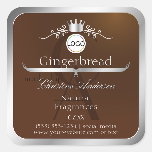 Adesivo Quadrado Brown Product Label Silver Frame Logo and Monogram (Frente)