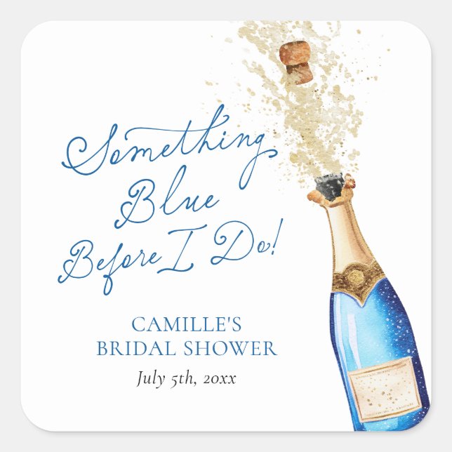Adesivo Quadrado Brunch de Noiva com Champanhe "Something Blue" (Frente)