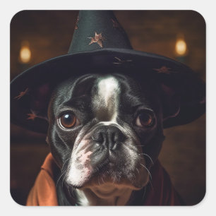 Adesivo Quadrado Bruxa Adorável de Boston Terrier