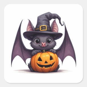 Adesivo Quadrado Bruxa Bela Morcego E Abóbora Diversão De Halloween