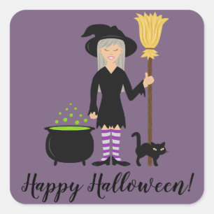 Adesivo Quadrado Bruxa Com Um Gato & Texto Feliz Halloween