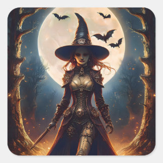 Adesivo Quadrado Bruxa da Floresta Steampunk do Halloween