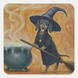 Adesivo Quadrado Bruxa Dachshund Fofa