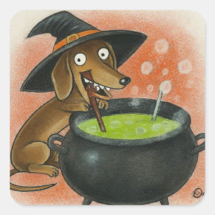 Adesivo Quadrado Bruxa Dachshund Fofa