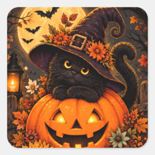 Adesivo Quadrado Bruxa de Gato Preto Abóbora de Halloween Outono Cu