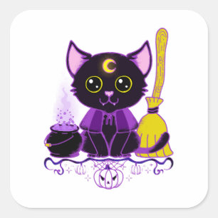 Adesivo Quadrado Bruxa de Gato Preto de Halloween Fofo