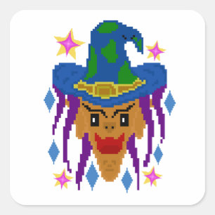 Adesivo Quadrado Bruxa de Halloween com Broom - Arte de Pixel