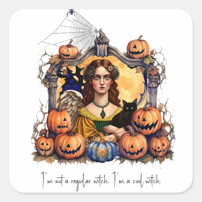 Adesivo Quadrado Bruxa de Halloween com citação (Frente)