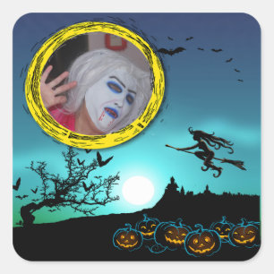 Adesivo Quadrado Bruxa de Halloween, Jack o'Lanterns, Foto