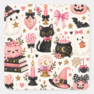 Adesivo Quadrado Bruxa de Halloween Rosa Fantasmas Fofos Gato Preto