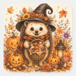 Adesivo Quadrado Bruxa de ouriço fofa Halloween Abóboras Outono