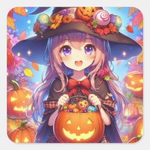 Adesivo Quadrado Bruxa do Halloween do Anime Bonito