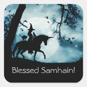 Adesivo Quadrado Bruxa e Unicórnio com Samhain abençoado 