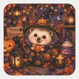 Adesivo Quadrado Bruxa Fofa de Ourico Feliz Halloween Abóbora Aconc
