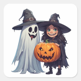 Adesivo Quadrado Bruxa Fofa Fantasma Abóbora Halloween 🎃