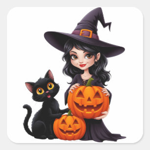 Adesivo Quadrado Bruxa Fofa Gato Preto Abóbora Halloween 🧙♀️