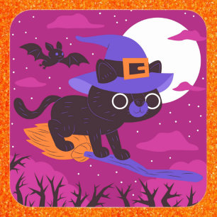 Adesivo Quadrado Bruxa Fofa Gato Voando em Vassoura Halloween Kawai