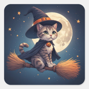 Adesivo Quadrado Bruxa Gatinha Fofa E Cena De Lua De Halloween De E