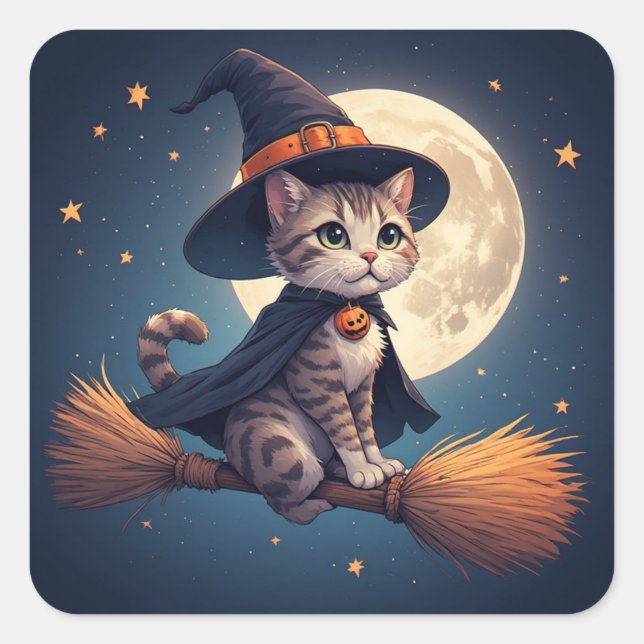 Adesivo Quadrado Bruxa Gatinha Fofa E Cena De Lua De Halloween De E (Frente)