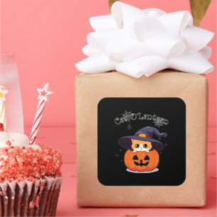 Adesivo Quadrado Bruxa Gatinha Ruiva Fofa no Jack-O-Lantern de Hall
