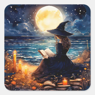 Adesivo Quadrado Bruxa lendo um Livro - Wicca Halloween 1