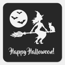 Adesivo Quadrado Bruxa Num Cabelo Preto E Branco Feliz Halloween