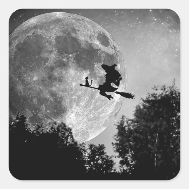Adesivo Quadrado Bruxa Spooky no Festa de Halloween da Lua Cheia de (Frente)