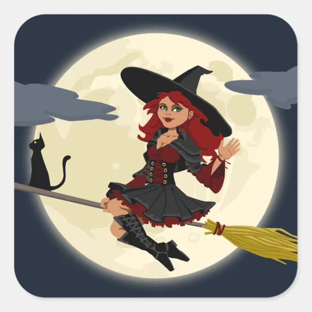 Silhueta de bruxa voando na vassoura na noite de halloween