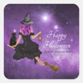 Adesivo Quadrado Bruxa Voadora Feliz Halloween Personalizado